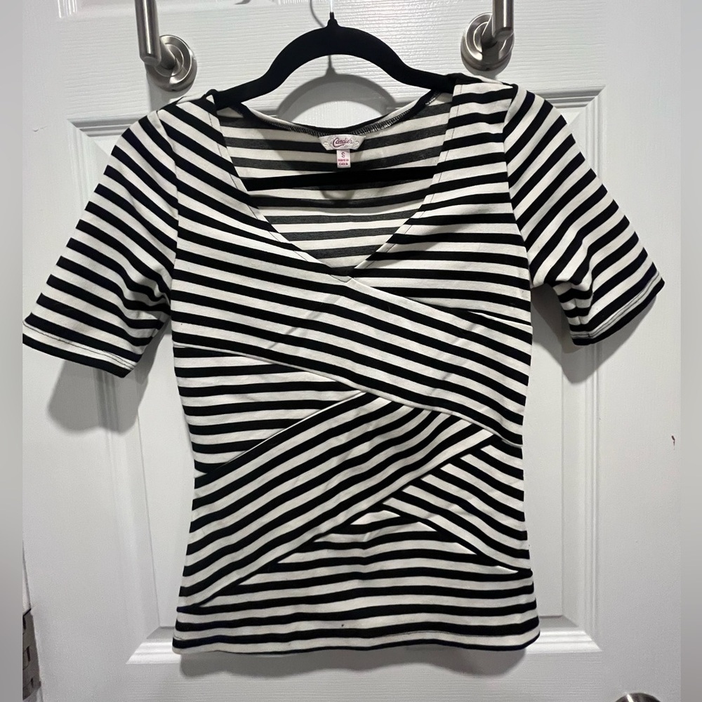Candie's Black and White Asymmetrical Fitted Blouse